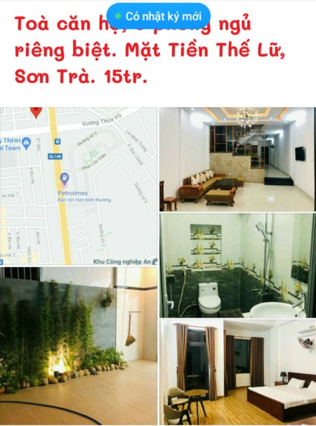 Cho thuê nhà nguyên căn, mặt tiền Thế Lữ, Sơn Trà, Đà Nẵng. Nhà có 5 căn hộ loại 1 phòng ngủ. 15tr