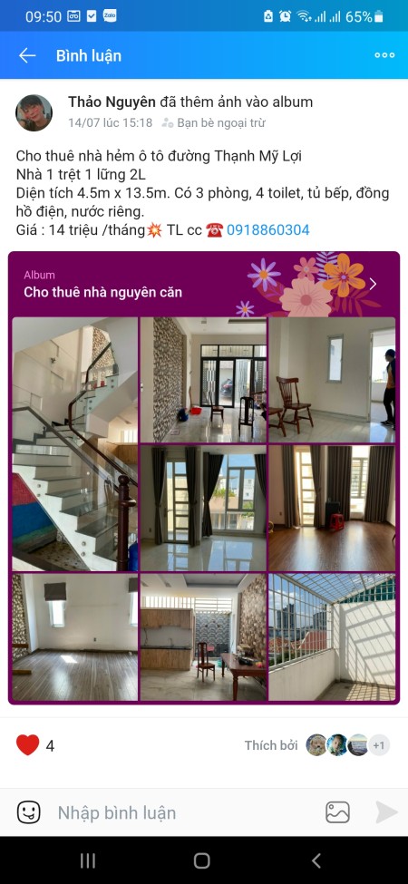 Cho thuê nhà hẻm ô tô đường Thạnh Mỹ Lợi 14.000.000 VNĐ / tháng.