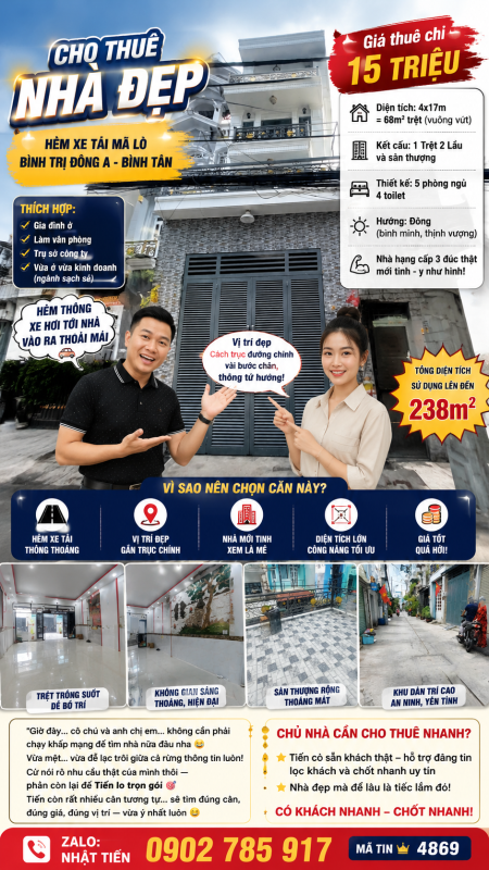  Nhà Thuê Nguyên Căn 1 Trệt 2 Lầu + Sân Thượng | 5PN | Hẻm Xe Tải Mã Lò | Chỉ 15 Triệu/Tháng 