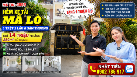 CHO THUÊ NHÀ, Mã Lò , Bình Tân, 1 Trệt 2 Lầu Và Sân Thượng, 280 m², Giá 14 Triệu