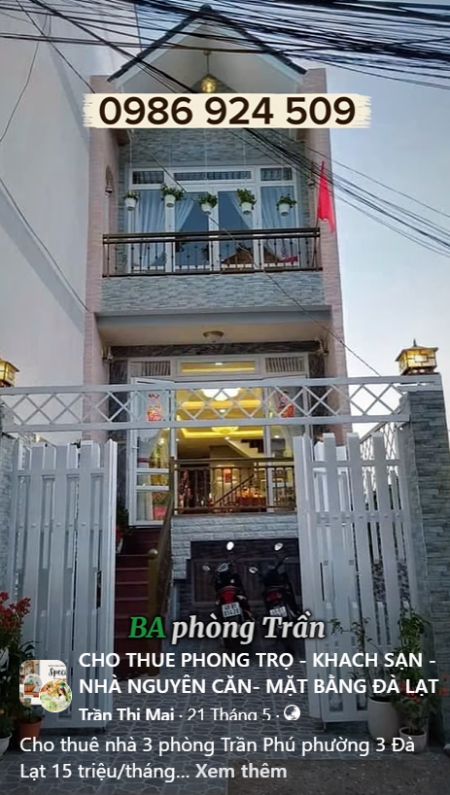 Cho thuê nhà 3 phòng Trần Phú phường 2 Đà Lạt 15 triệu/tháng