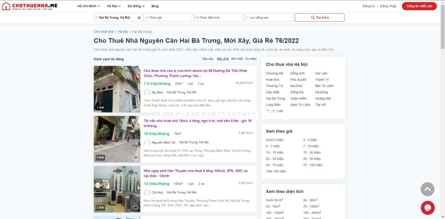 Website tìm thuê nhà nguyên căn Hai Bà Trưng