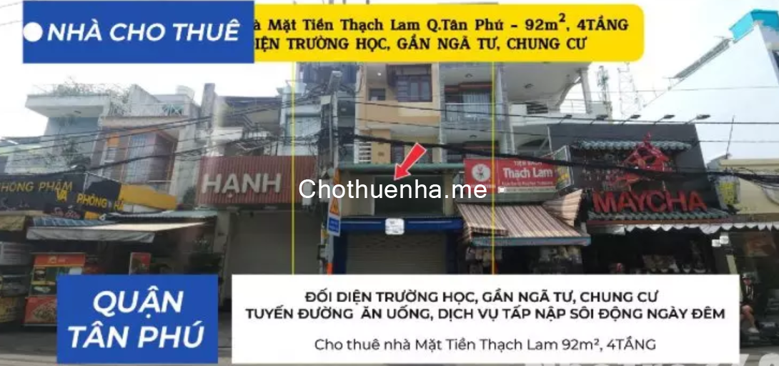 Cho thuê nhà Mặt Tiền Thạch Lam 92m², 4TẦNG - ĐỐI DIỆN TRƯỜNG HỌC, GẦN NGÃ TƯ
