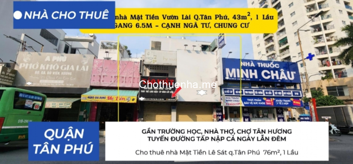 Cho thuê nhà Mặt Tiền Vườn Lài q.Tân Phú 43m² - CẠNH NGÃ TƯ, CHUNG CƯ- 18Triệu