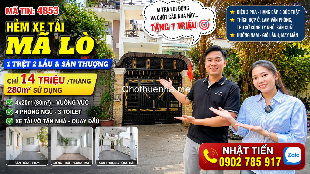 CHO THUÊ NHÀ, Mã Lò , Bình Tân, 1 Trệt 2 Lầu Và Sân Thượng, 280 m², Giá 14 Triệu
