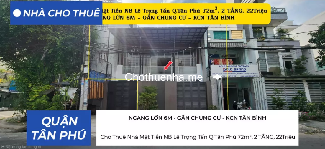 Cho Thuê Nhà Mặt Tiền Lê Trọng Tấn Q.Tân Phú 72m², 2 TẦNG, 22Triệu